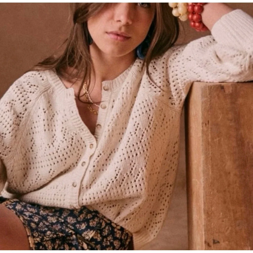 Sezane Capucine Pointelle Knit Cardigan Sweater Womens Small Cottagecore Preppy - Picture 1 of 11